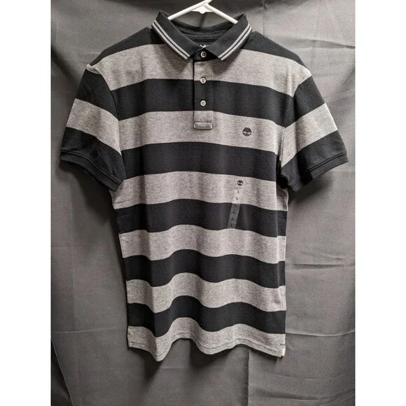 Timberland Black Grey Wide Striped Cotton Polo Shirt Men Size Large Nwt - Picture 1 of 6